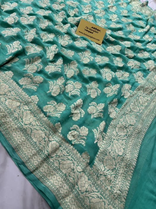 Sea Green Pure Khaddi Georgette Banarasi Handloom Dupatta - Water Zari