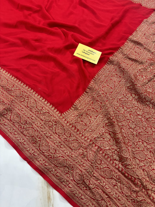 Red Pure Khaddi Georgette Banarasi Handloom Saree - Antique Zari