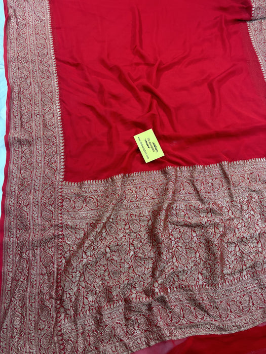 Red Pure Khaddi Georgette Banarasi Handloom Saree - Antique Zari