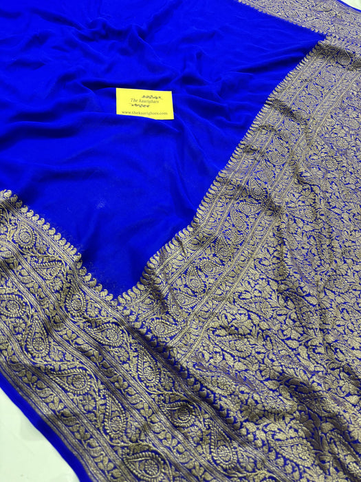 Blue Pure Khaddi Georgette Banarasi Handloom Saree - Antique Zari