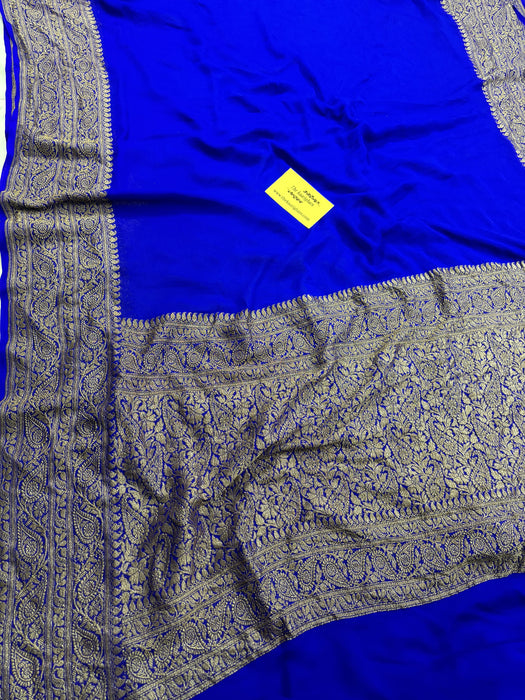Blue Pure Khaddi Georgette Banarasi Handloom Saree - Antique Zari