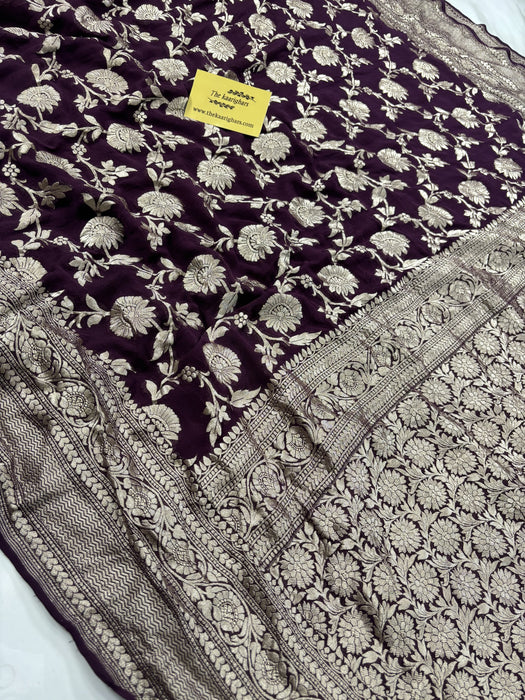 Spanish Brown Khaddi Georgette Banarasi Handloom Saree - Water Zari
