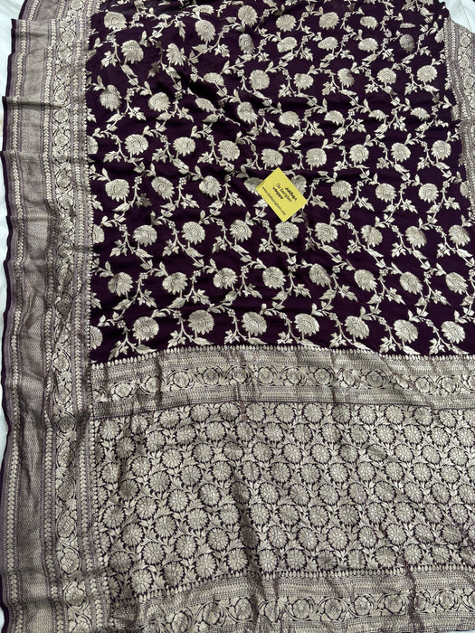 Spanish Brown Khaddi Georgette Banarasi Handloom Saree - Water Zari