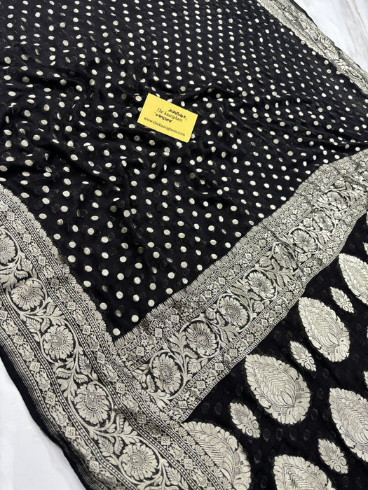 Black Khaddi Georgette Banarasi Handloom Saree - Water Zari