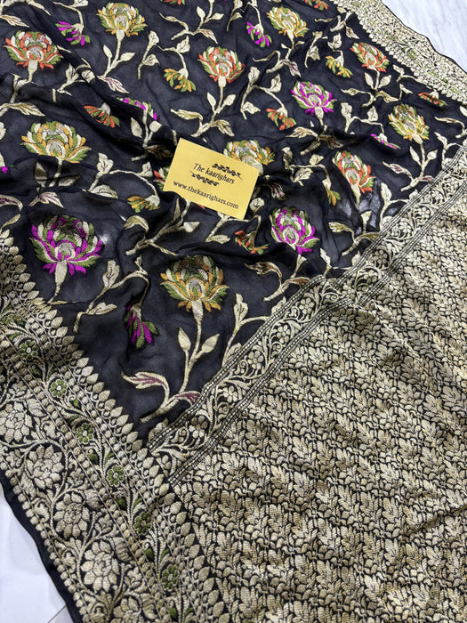 Black Pure Khaddi Chiffon Banarasi Saree - Meenakari Work