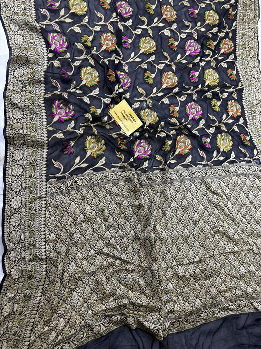 Black Pure Khaddi Chiffon Banarasi Saree - Meenakari Work