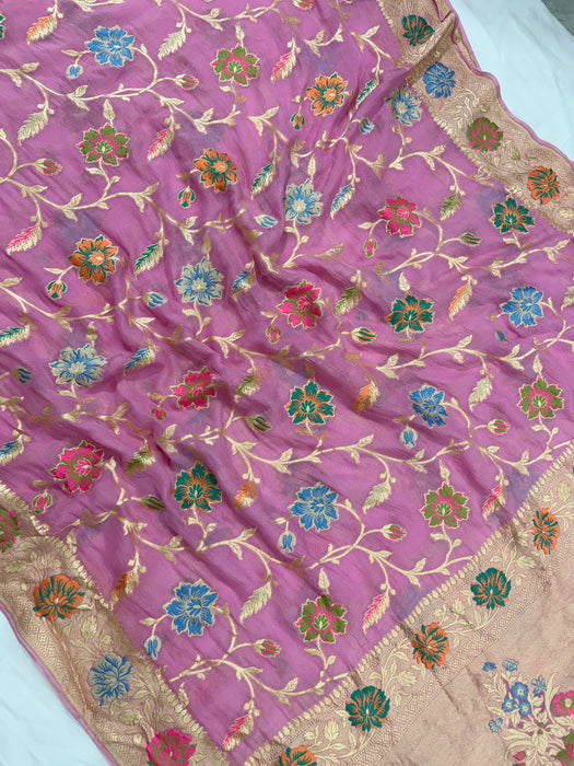 Pink Khaddi Georgette Banarasi Handloom Saree - Meenakari