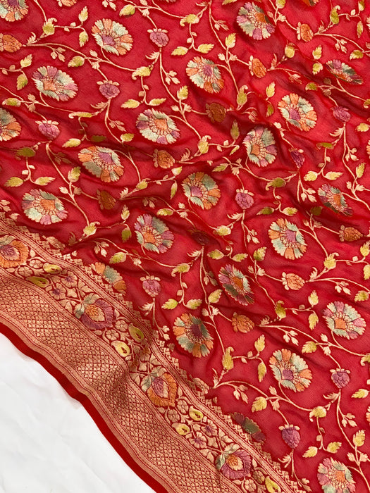 Italian Red Khaddi Georgette Banarasi Handloom Saree - Hand Filled Meenakari