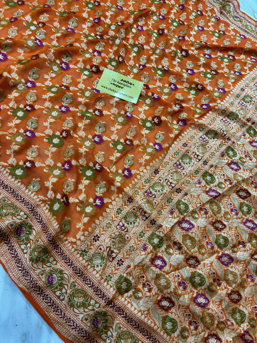 Orange Pure Khaddi Chiffon Banarasi Saree