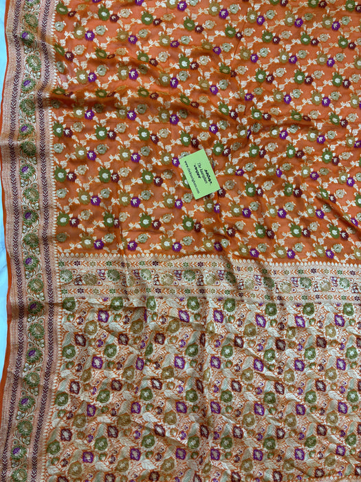 Orange Pure Khaddi Chiffon Banarasi Saree