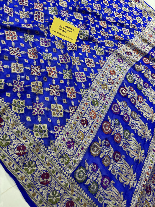 Royal Blue Pure Khaddi Chiffon Banarasi Saree