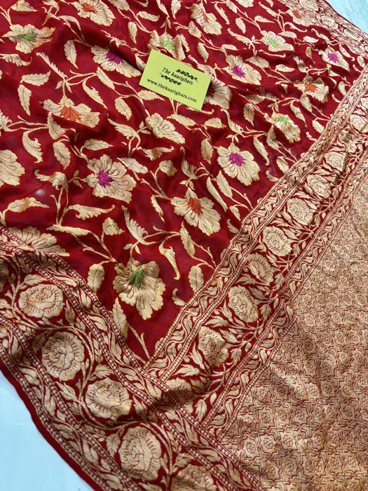 Red Pure Khaddi Chiffon Banarasi Saree