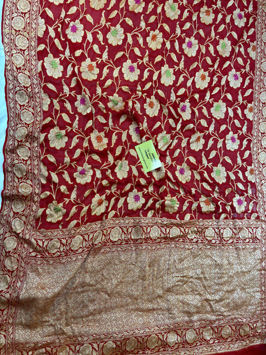Red Pure Khaddi Chiffon Banarasi Saree