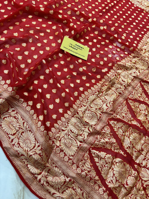 Red Pure Khaddi Chiffon Banarasi Saree