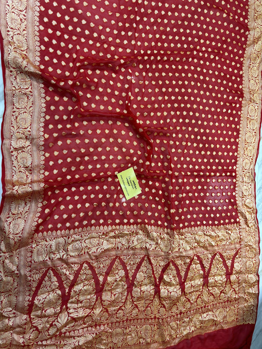 Red Pure Khaddi Chiffon Banarasi Saree
