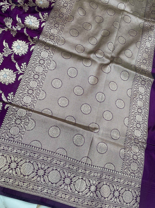 Magenta Pure Katan Silk Banarasi Handloom Saree - Sona Roopa Jaal work