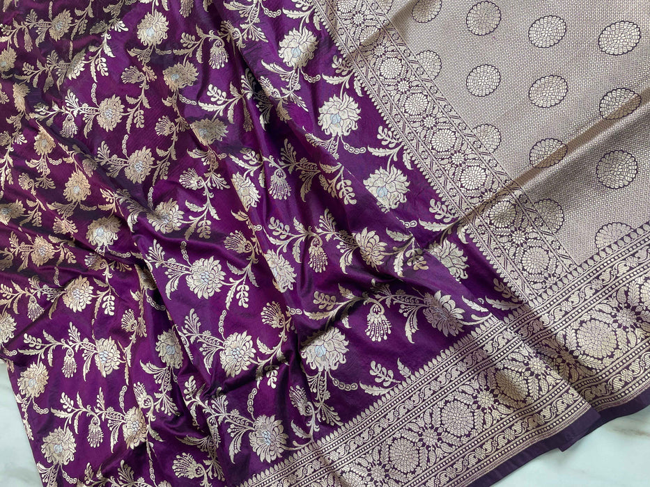 Magenta Pure Katan Silk Banarasi Handloom Saree - Sona Roopa Jaal work