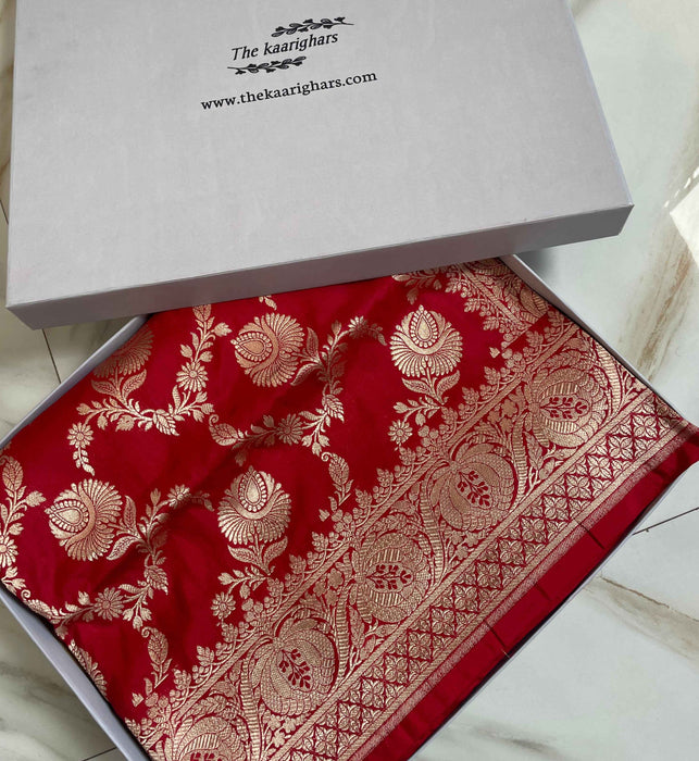 Red Pure Katan Silk Banarasi Handloom Saree - Sona Roopa Jaal work