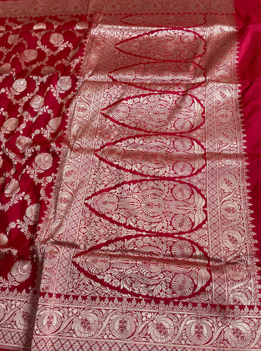 Red Pure Katan Silk Banarasi Handloom Saree - Sona Roopa Jaal work