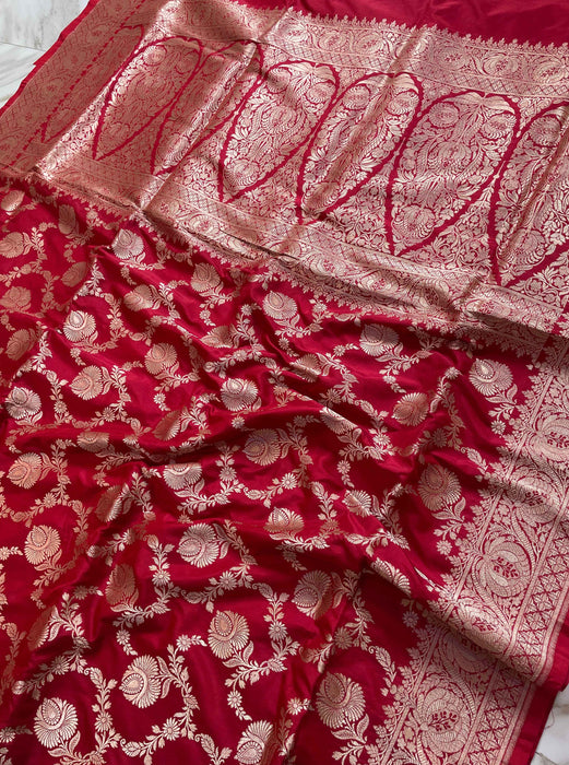 Red Pure Katan Silk Banarasi Handloom Saree - Sona Roopa Jaal work