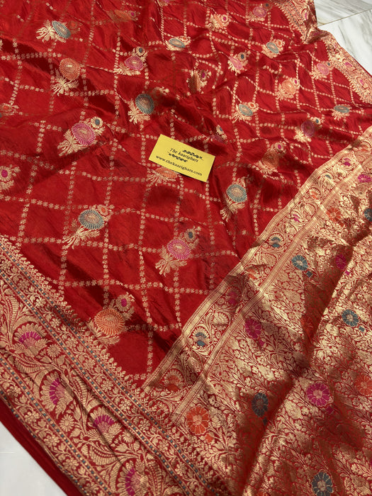 Red Pure Dupion Banarasi Handloom Saree - Meenakari