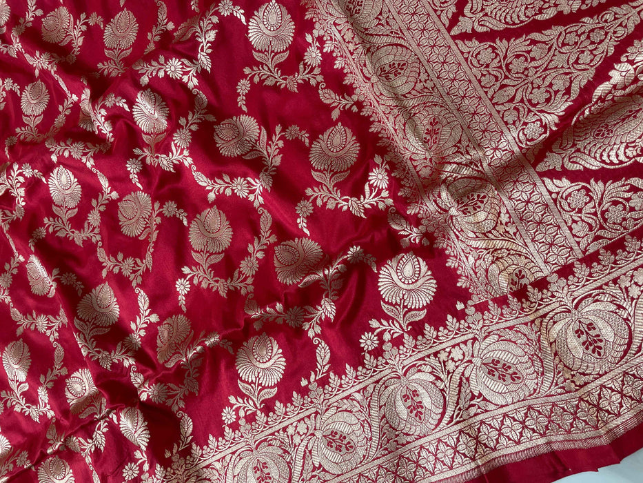 Red Pure Katan Silk Banarasi Handloom Saree - Sona Roopa Jaal work