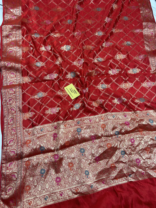 Red Pure Dupion Banarasi Handloom Saree - Meenakari