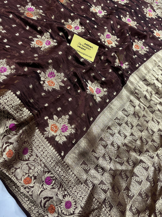 Spanish Brown Pure Dupion Banarasi Handloom Saree - Meenakari