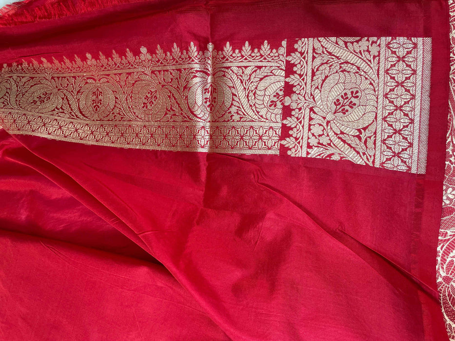 Red Pure Katan Silk Banarasi Handloom Saree - Sona Roopa Jaal work