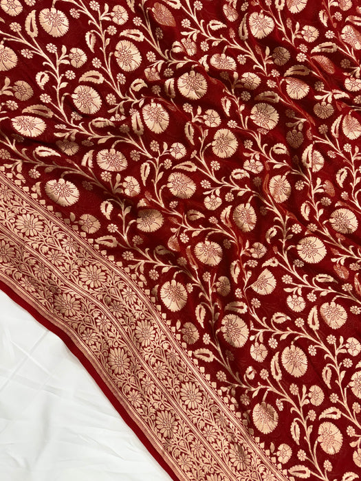 Maroon Khaddi Georgette Banarasi Handloom Saree - Water Zari Jaal