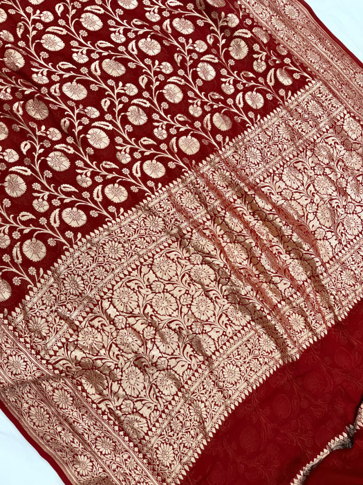 Maroon Khaddi Georgette Banarasi Handloom Saree - Water Zari Jaal
