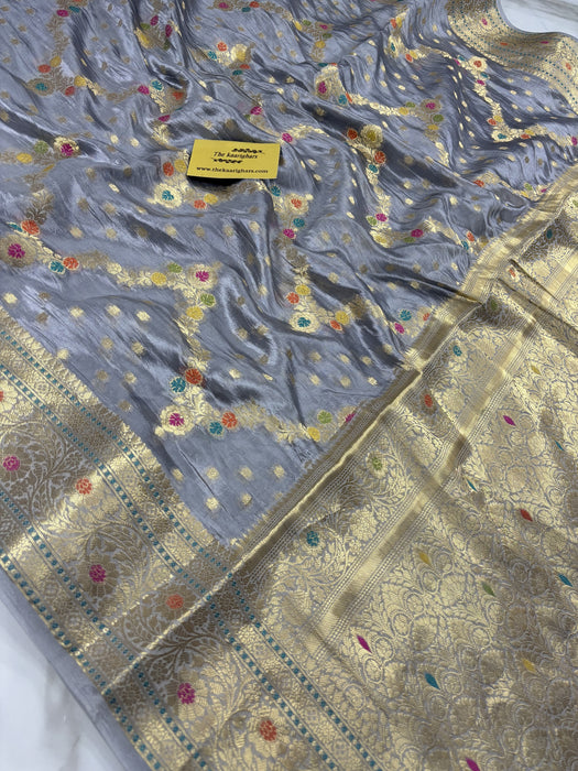 Persian Gray Pure Dupion  Banarasi Handloom Saree - Meenakari