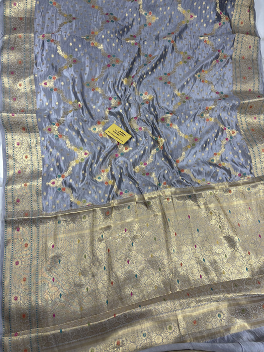 Persian Gray Pure Dupion  Banarasi Handloom Saree - Meenakari