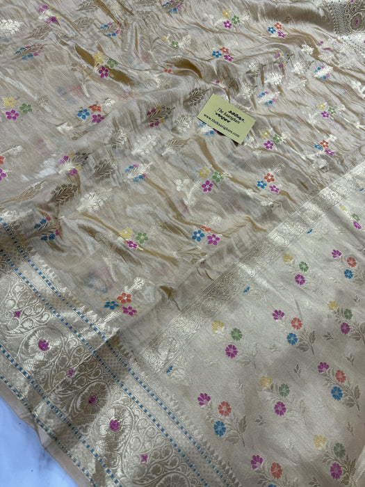 Cream Pure Dupion Banarasi Handloom Saree - Meenakari