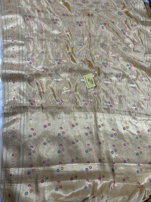 Cream Pure Dupion Banarasi Handloom Saree - Meenakari