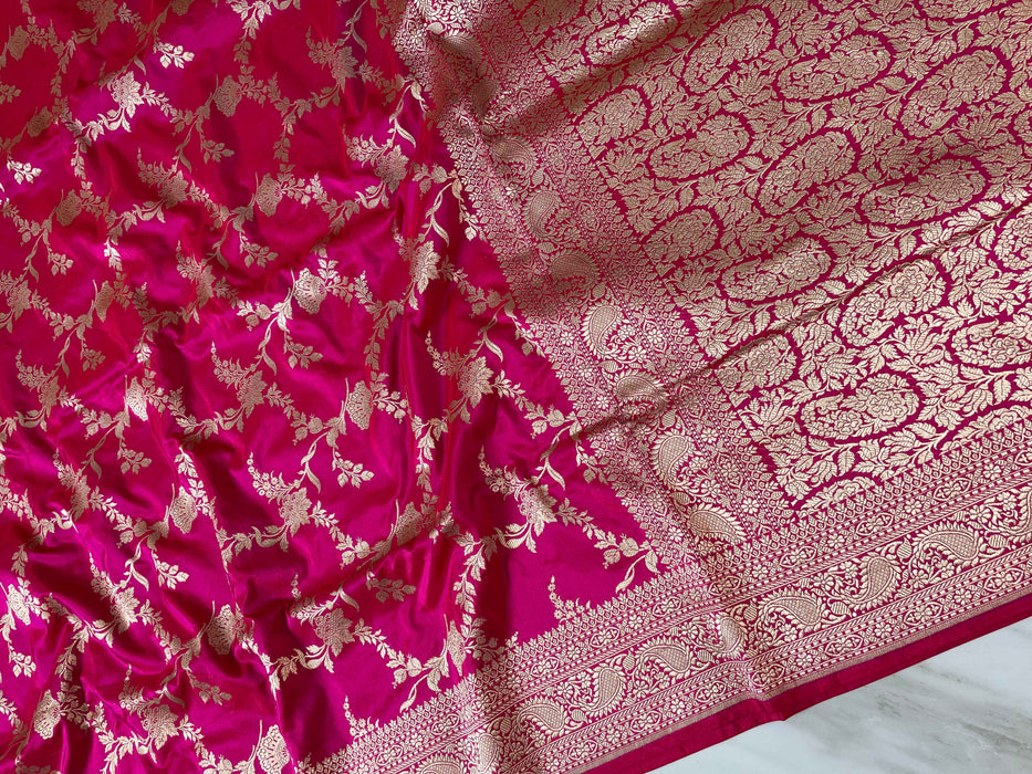 Pink Pure Katan Silk Banarasi Handloom Saree - Heavy Jaal work