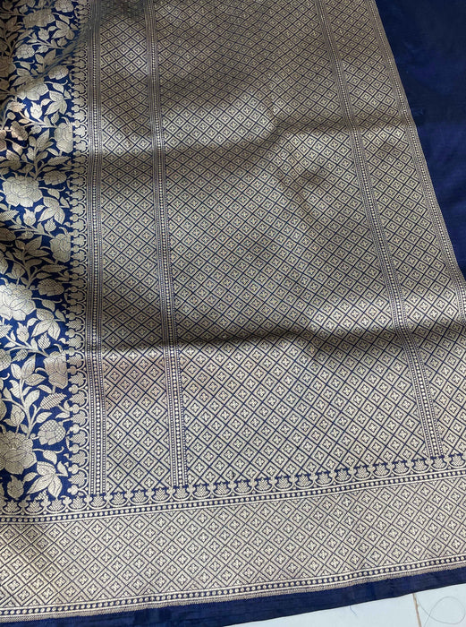 Midnight Pure Katan Silk Banarasi Handloom Saree - Floral Jaal work