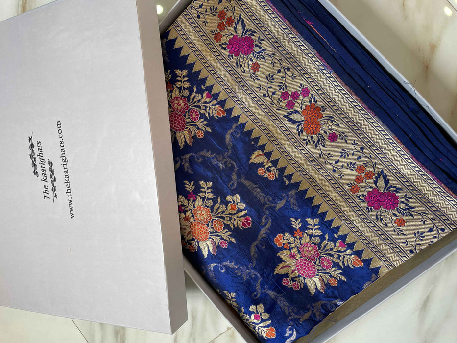 Royal Blue Pure Katan Silk Banarasi Handloom Saree - Kadhua Jaal work