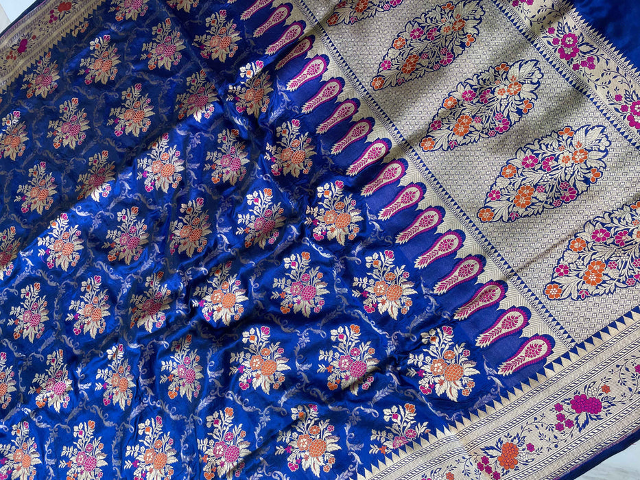 Royal Blue Pure Katan Silk Banarasi Handloom Saree - Kadhua Jaal work