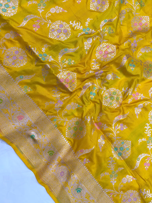 Yellow Pure Katan Banarasi Handloom Saree - Meenakari Work