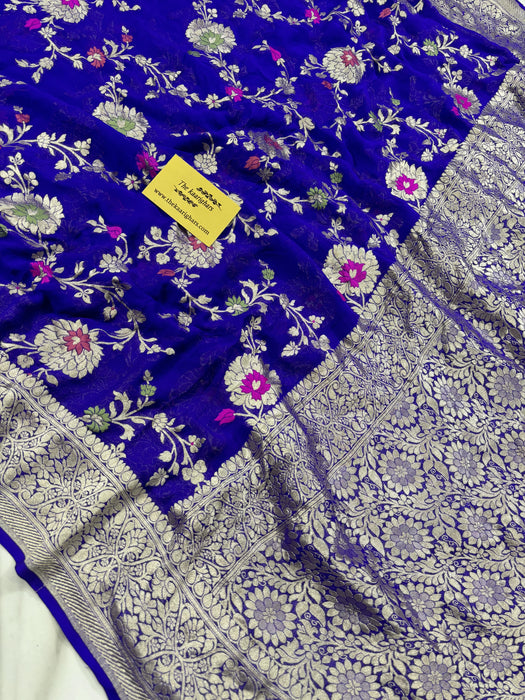 Italian Blue Khaddi Georgette Banarasi Handloom Saree - Meenakari