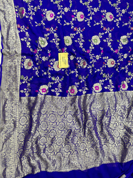 Italian Blue Khaddi Georgette Banarasi Handloom Saree - Meenakari