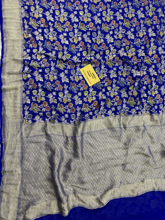 Royal Blue Khaddi Georgette Banarasi Handloom Saree - Meenakari