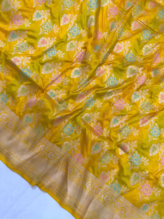 Yellow Pure Katan Banarasi Handloom Saree - Meenakari Work