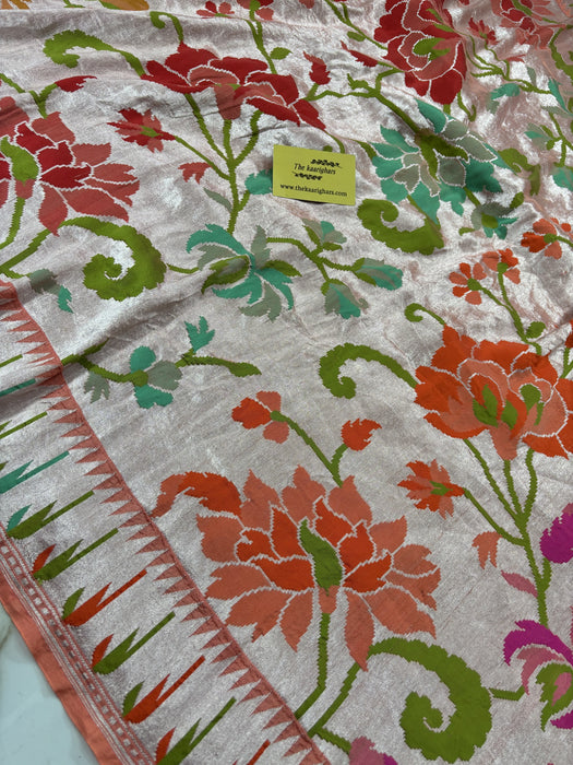Peach Pure Tussar Georgette Banarasi Handloom Saree - Paithani