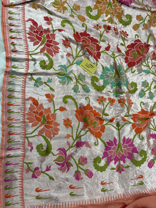 Peach Pure Tussar Georgette Banarasi Handloom Saree - Paithani