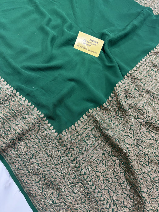 Bottle Green Pure Khaddi Georgette Banarasi Handloom Saree - Antique Zari