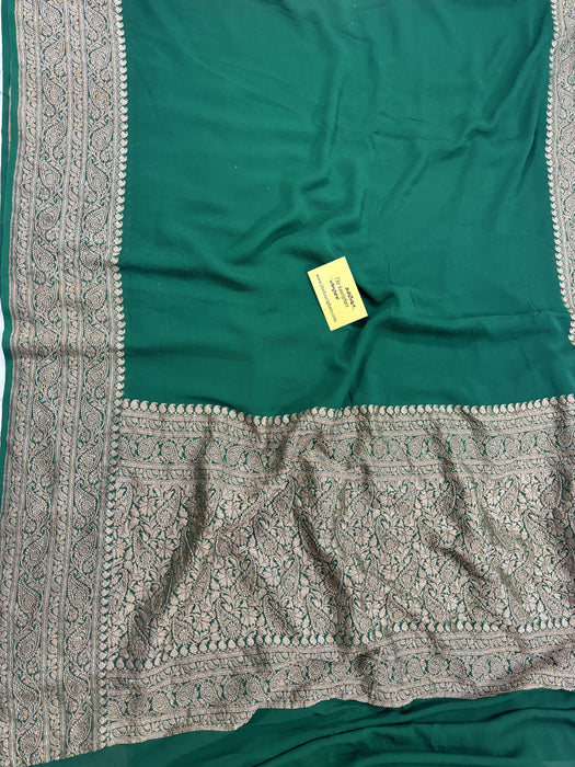 Bottle Green Pure Khaddi Georgette Banarasi Handloom Saree - Antique Zari