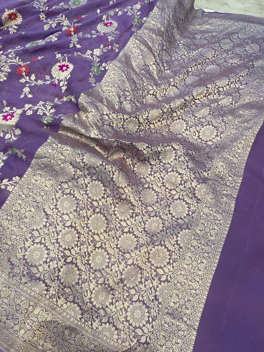 Dark Lavender Khaddi Georgette Banarasi Handloom Saree - Meenakari