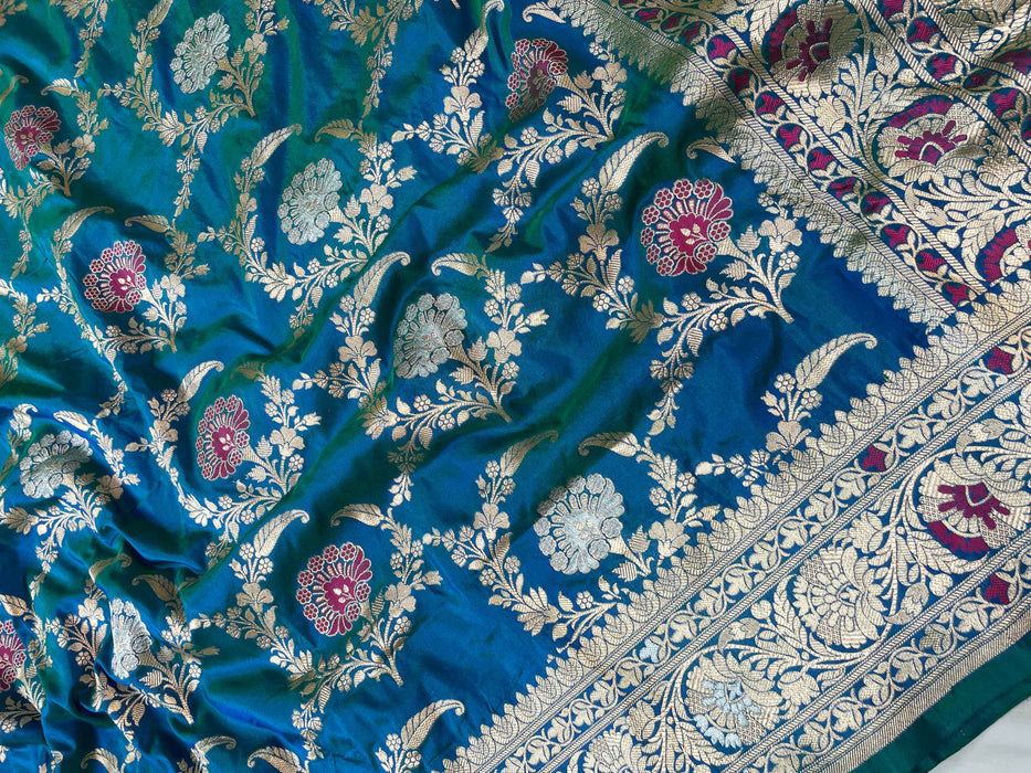 Blue Pure Katan Silk Banarasi Handloom Saree - Sona Roopa Jaal work